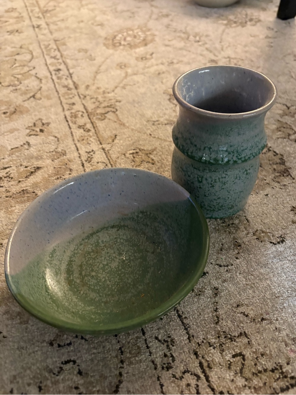 Handmade Green Ceramic Bowl and Cup Set